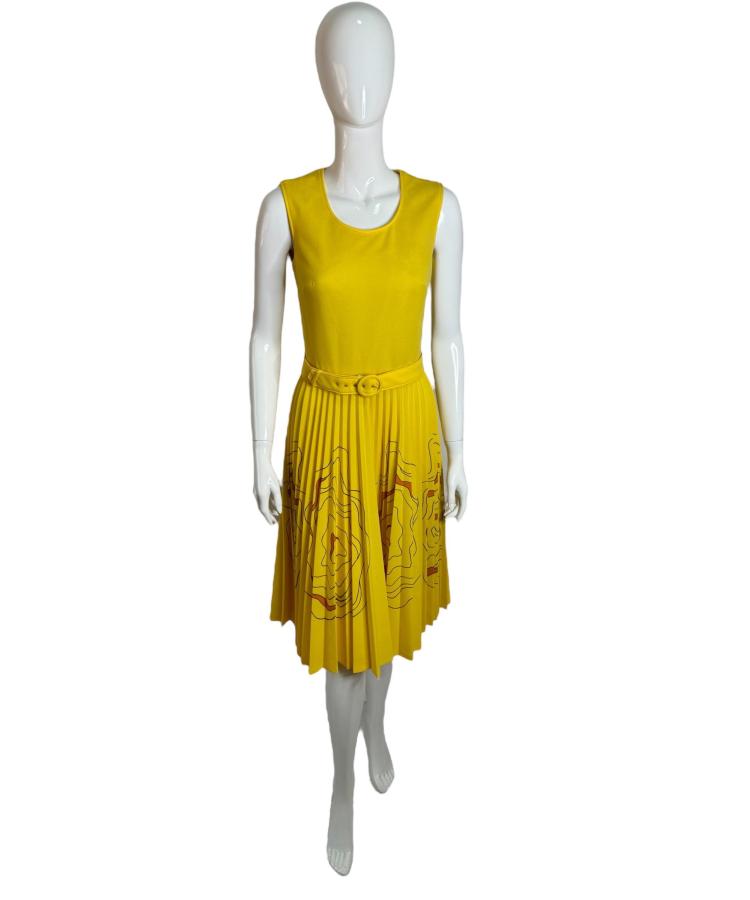 1970's yellow and brown pleated dress