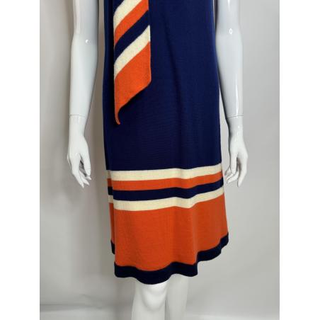 1970's navy woven Pussybow dress